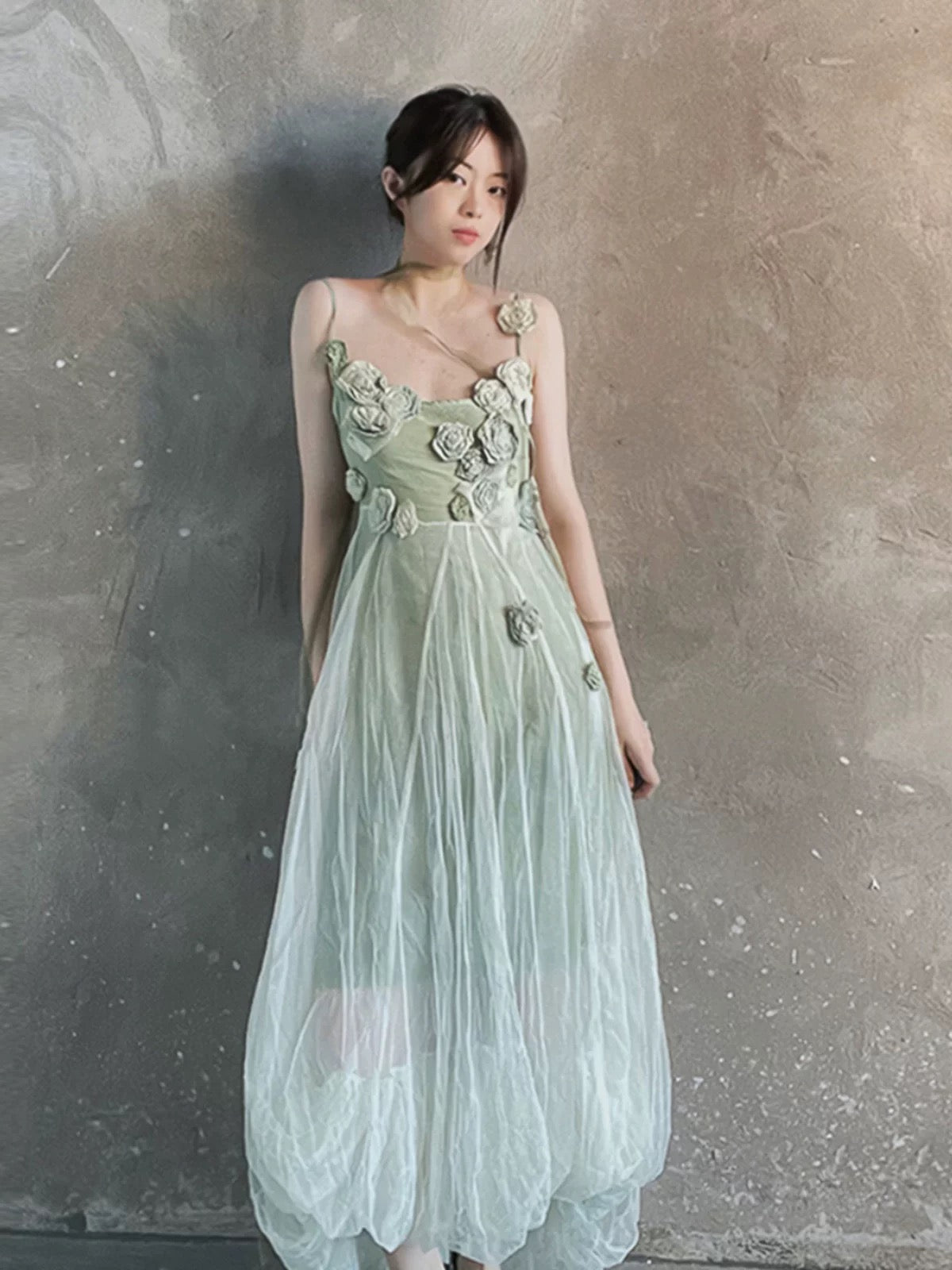 Modest A line Spaghetti Straps Floral Green Prom Dresses Birthday Dress For Women SD247