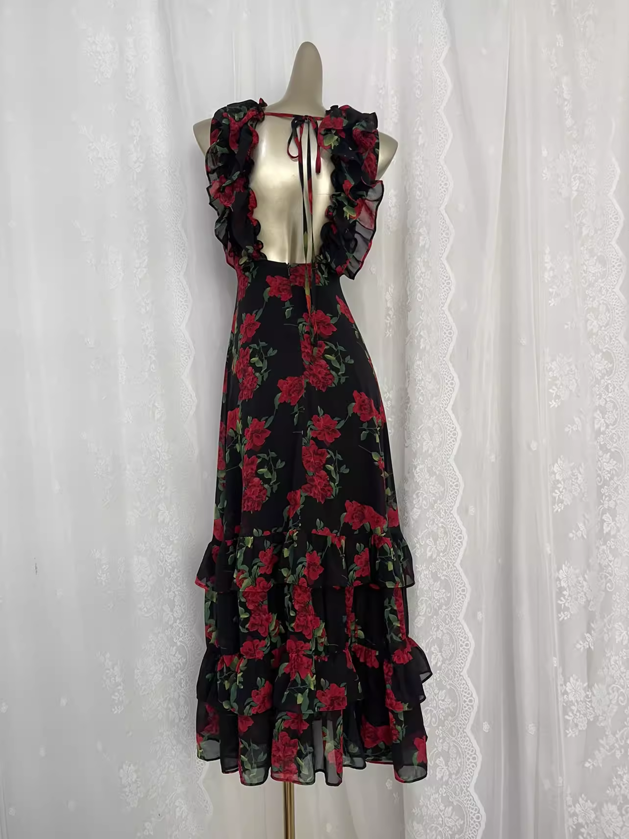 Vintage Red Rose V-neck Sexy Backless Travel Vacation Floral Beach Dress Long Dress SD001