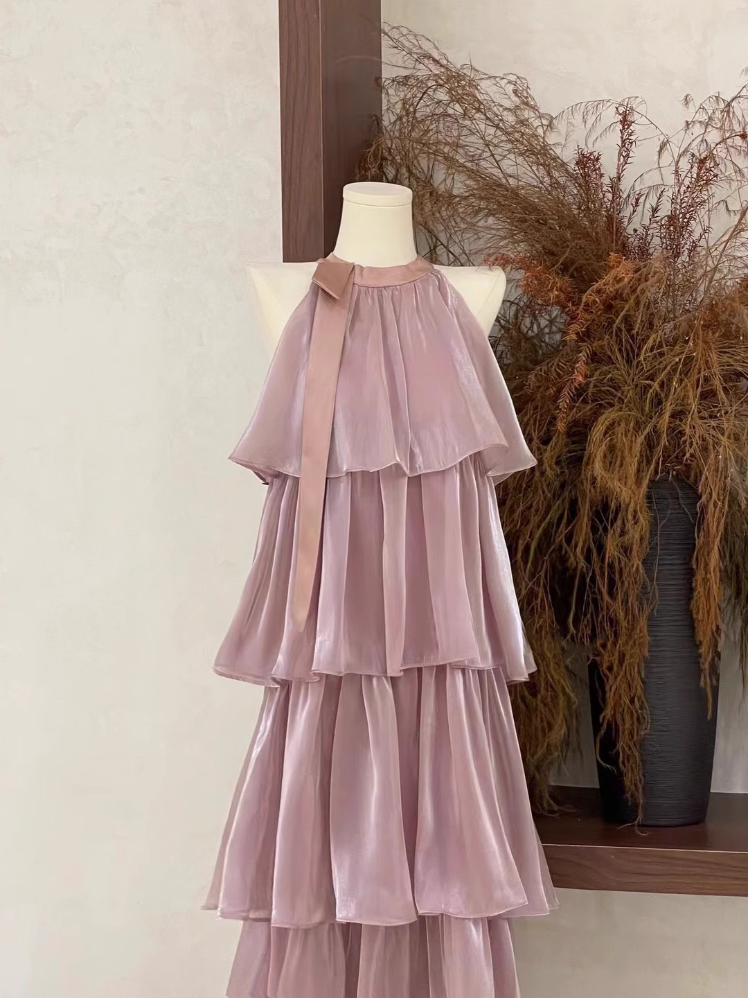 Cute A line Scoop Ruffled Rose Pink Long Women's Vacation Holiday Dresses SD184