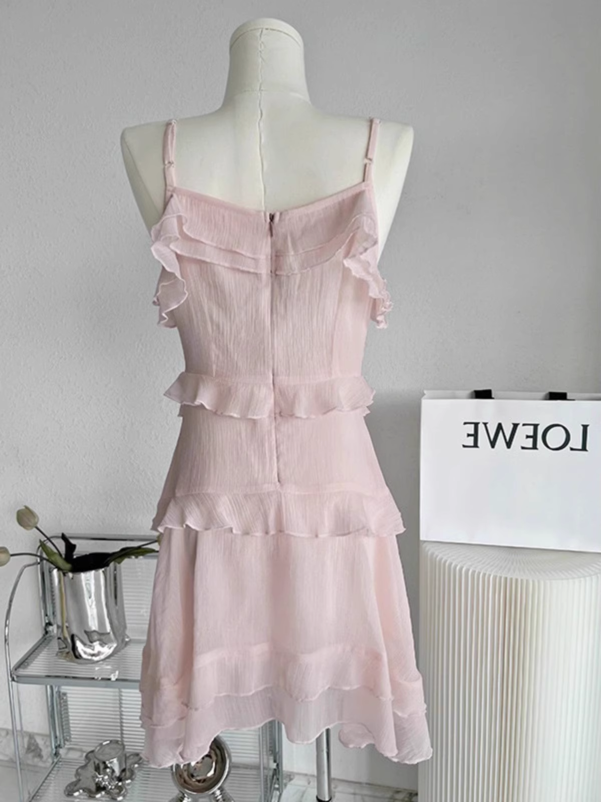 Sexy A Line Straps Ruffled Chiffon Pink Short Women's Holiday Dresses SD210