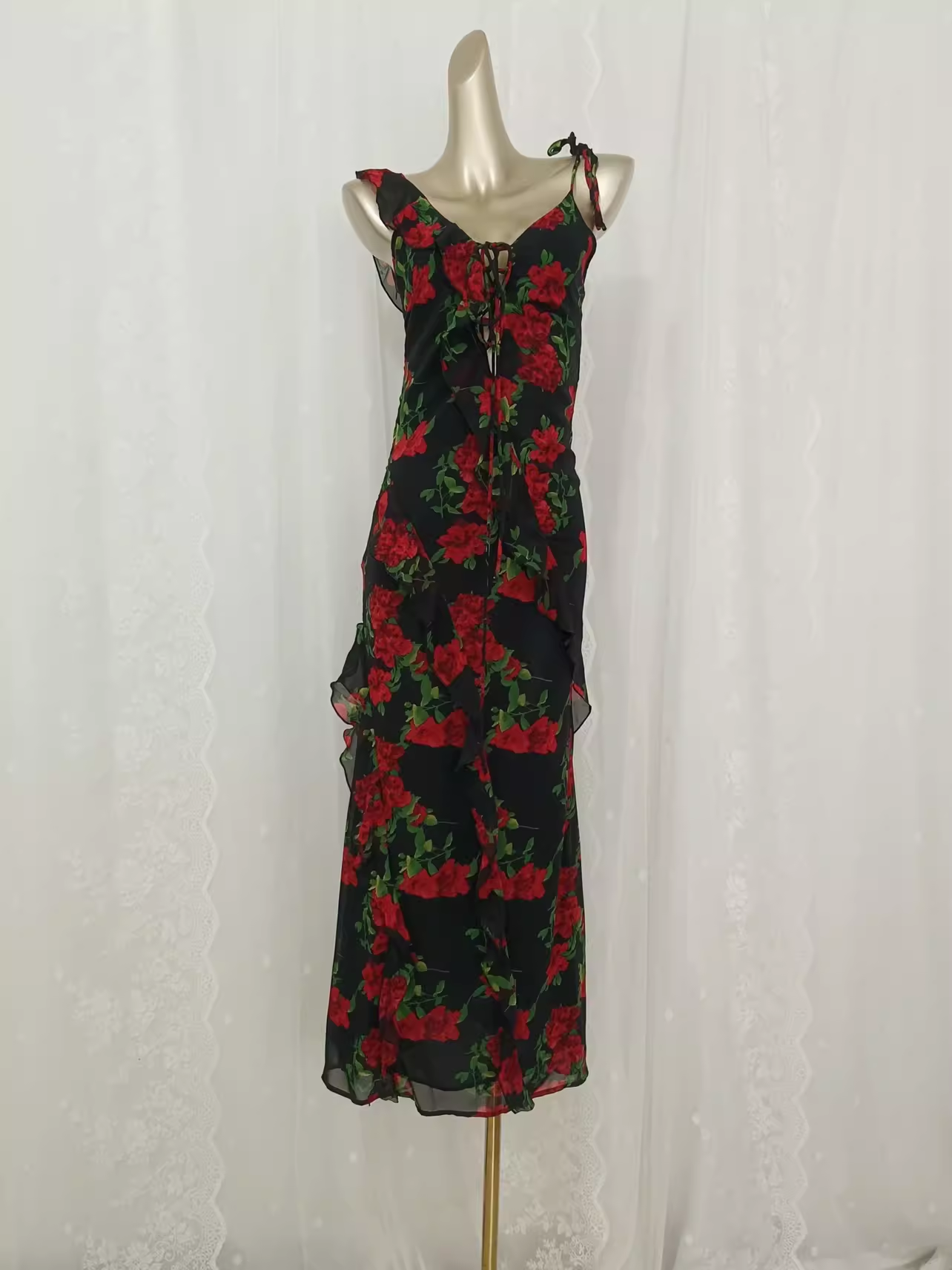 Vintage A line Spaghetti Straps Red Rose Travel Vacation Floral Beach Dress Birthday Outfits SD0017