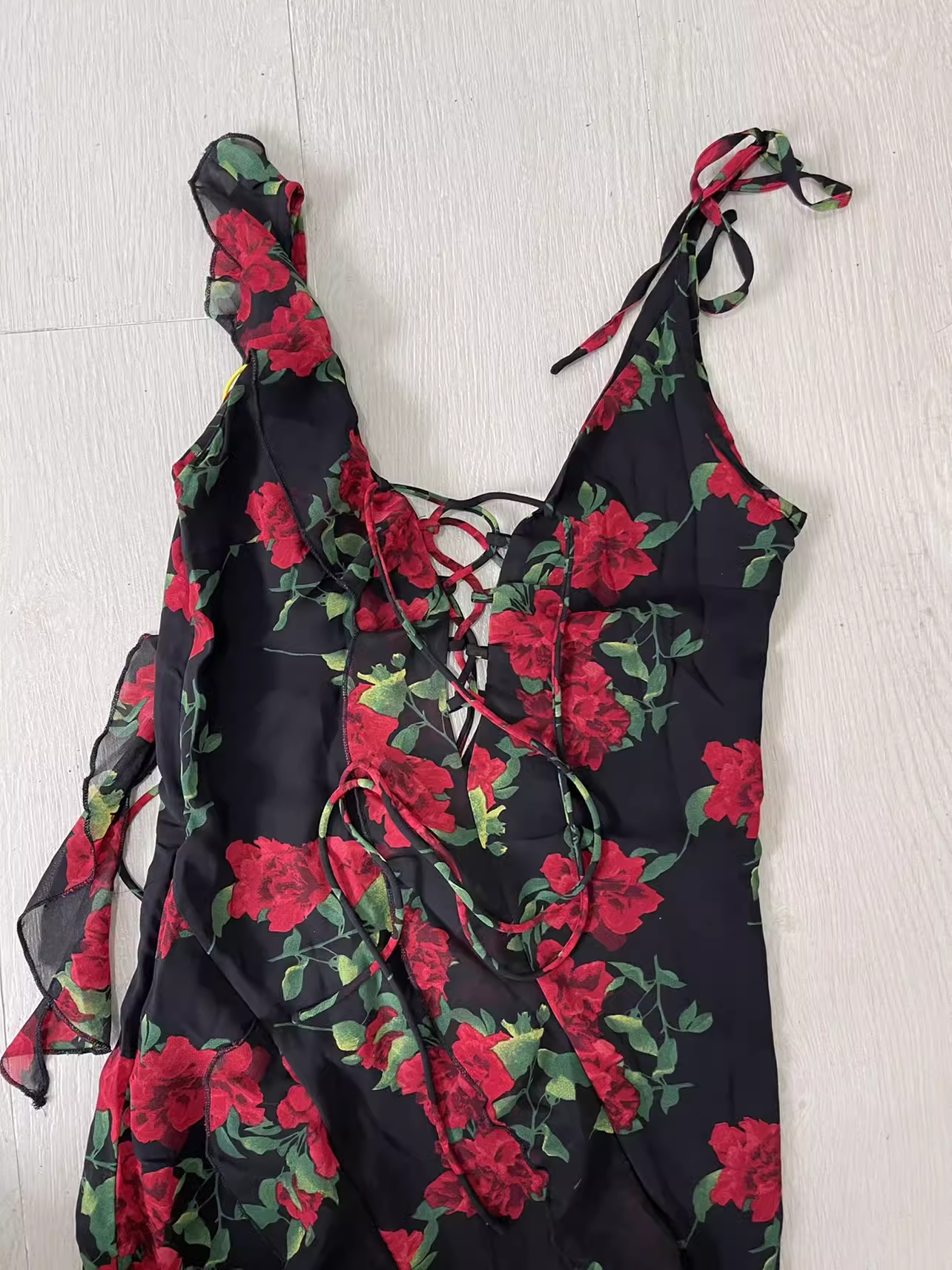 Vintage A line Spaghetti Straps Red Rose Travel Vacation Floral Beach Dress Birthday Outfits SD0017