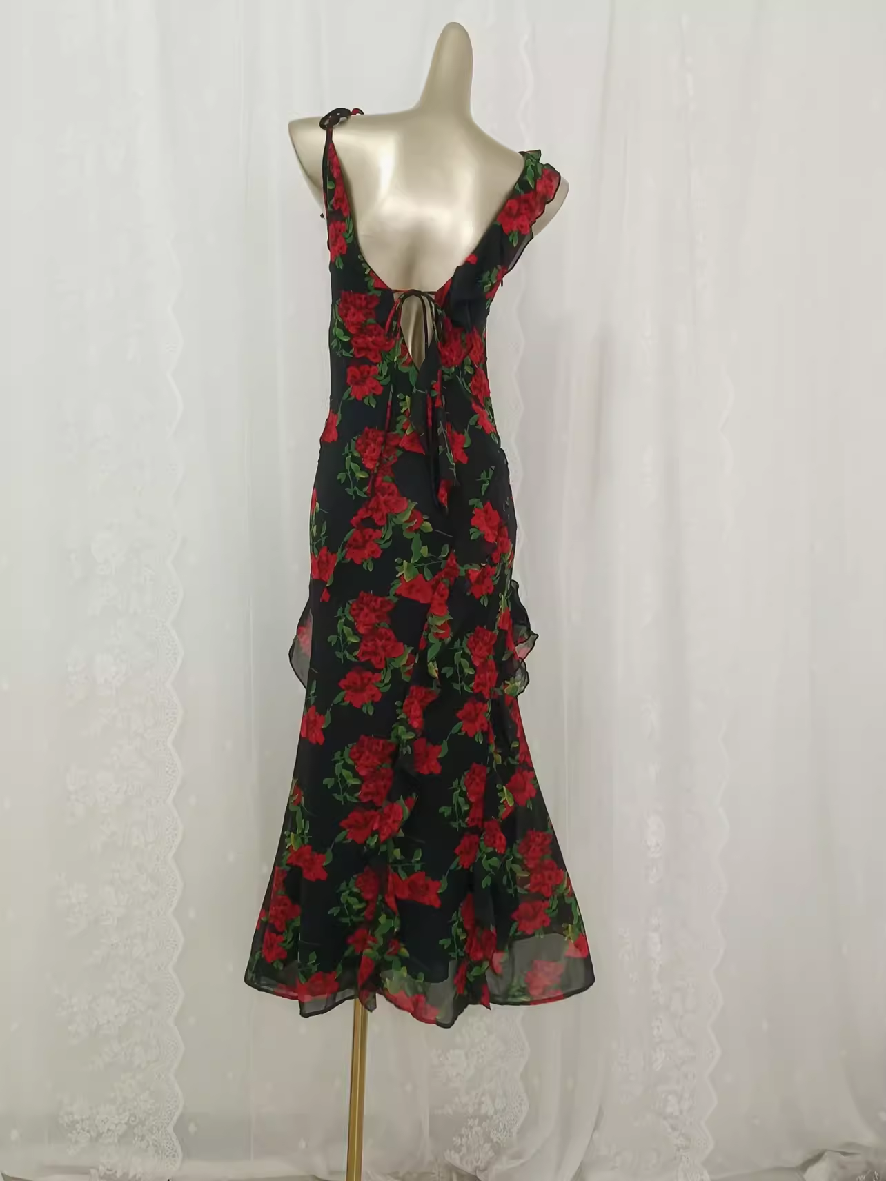 Vintage A line Spaghetti Straps Red Rose Travel Vacation Floral Beach Dress Birthday Outfits SD0017