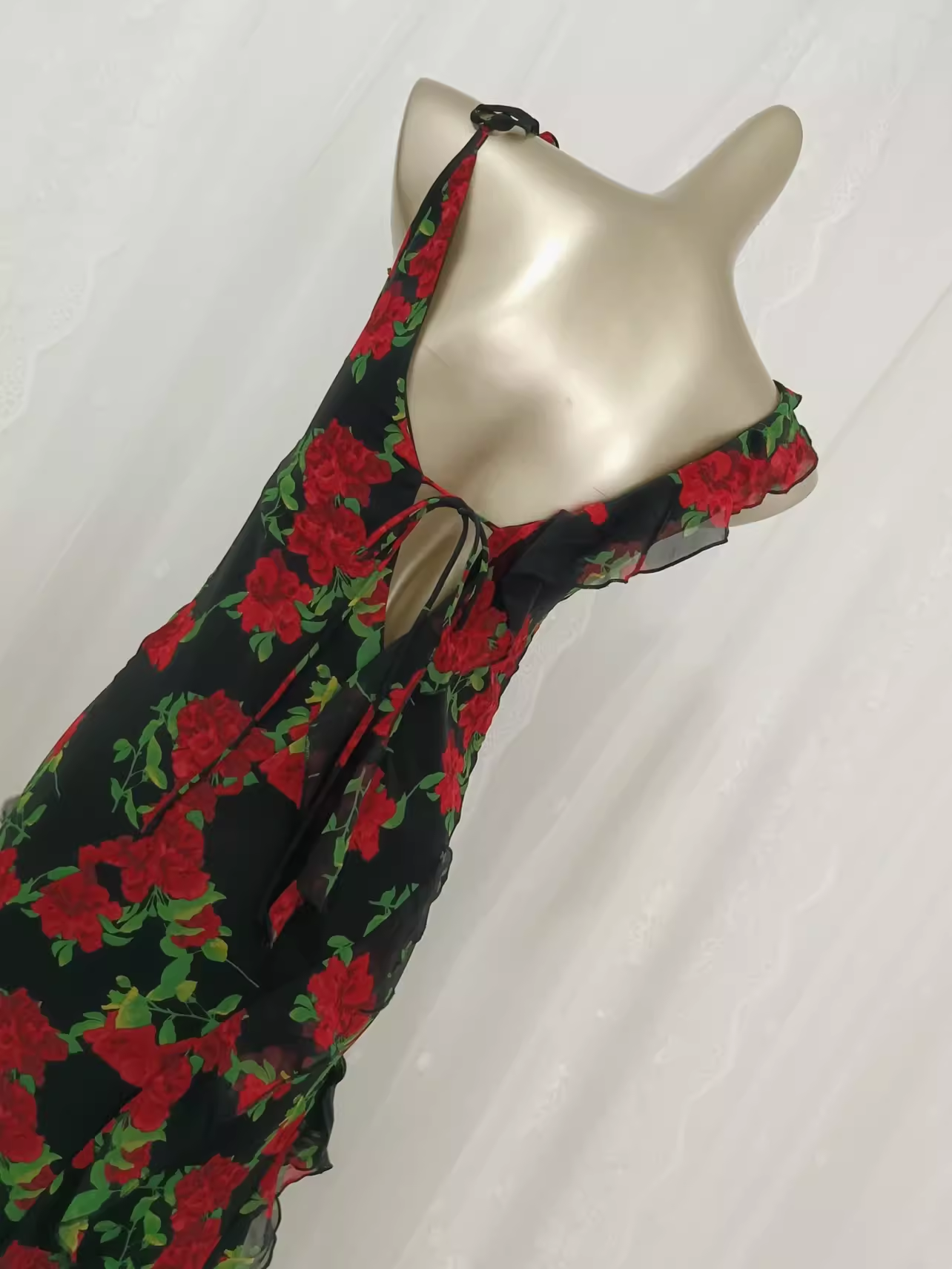 Vintage A line Spaghetti Straps Red Rose Travel Vacation Floral Beach Dress Birthday Outfits SD0017