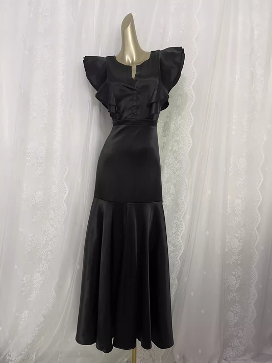 Vintage Sheath Backless Travel Vacation Black Satin Beach Dress Long Dress SD002