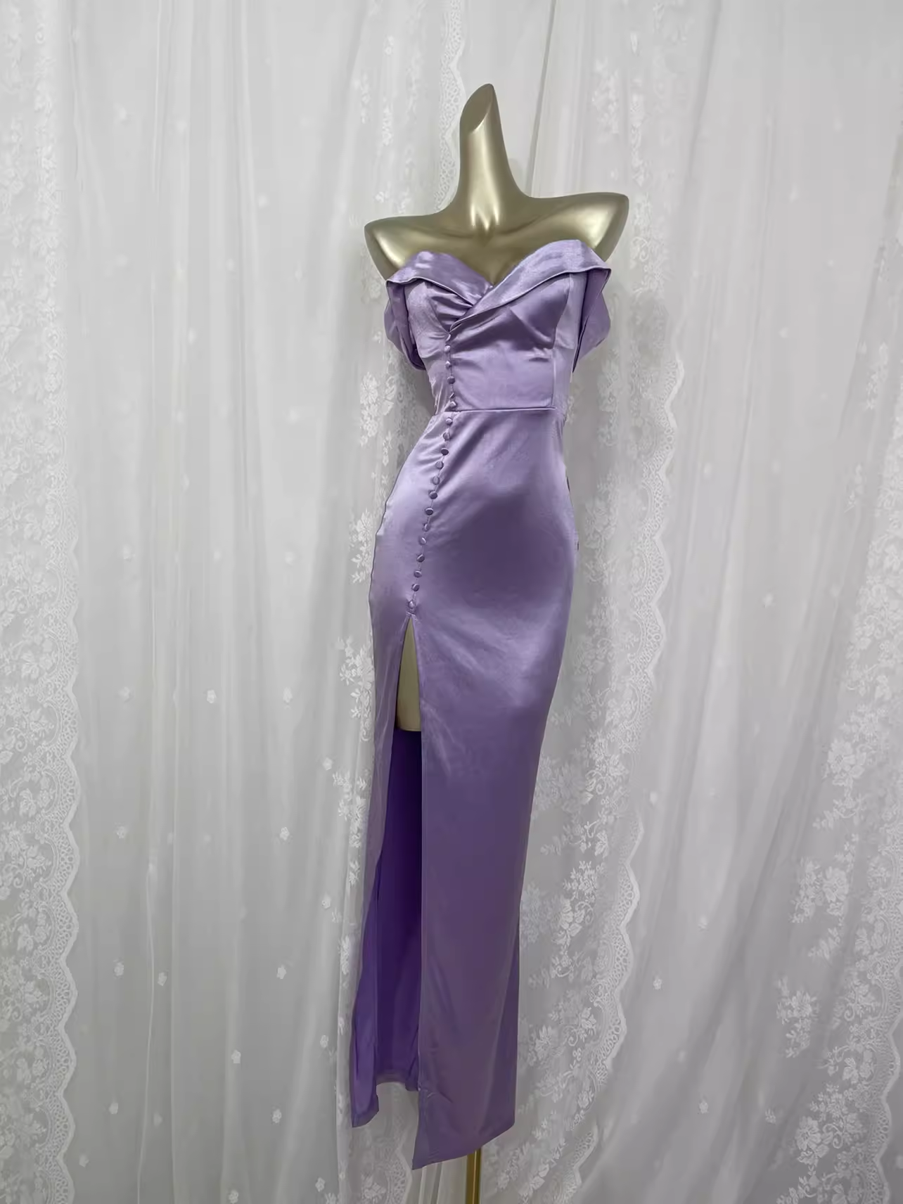 Vintage Sheath Off The Shoulder Lilac Vacation Dress Slit Birthday Dresses SD0030