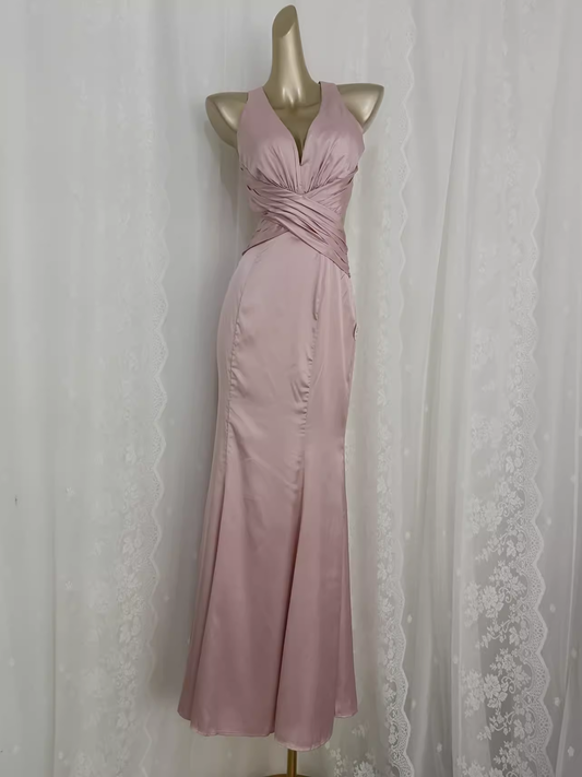 Vintage Sheath V Neckline Satin Pink Vacation Dress Birthday Dresses SD0031