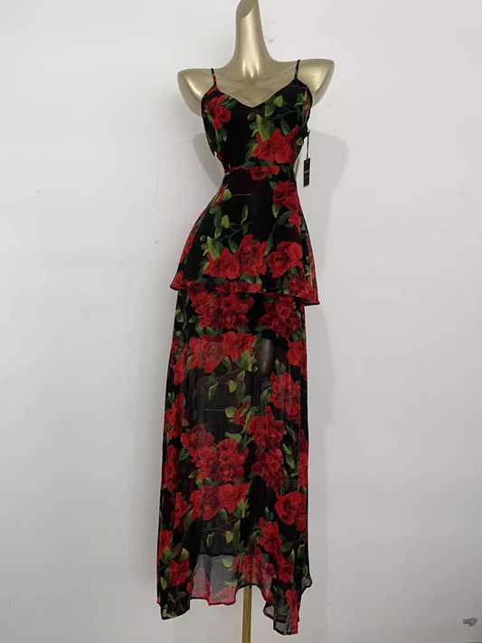 Vintage A line Spaghetti Straps Red Rose Travel Vacation Floral Beach Dress Long Dress SD005