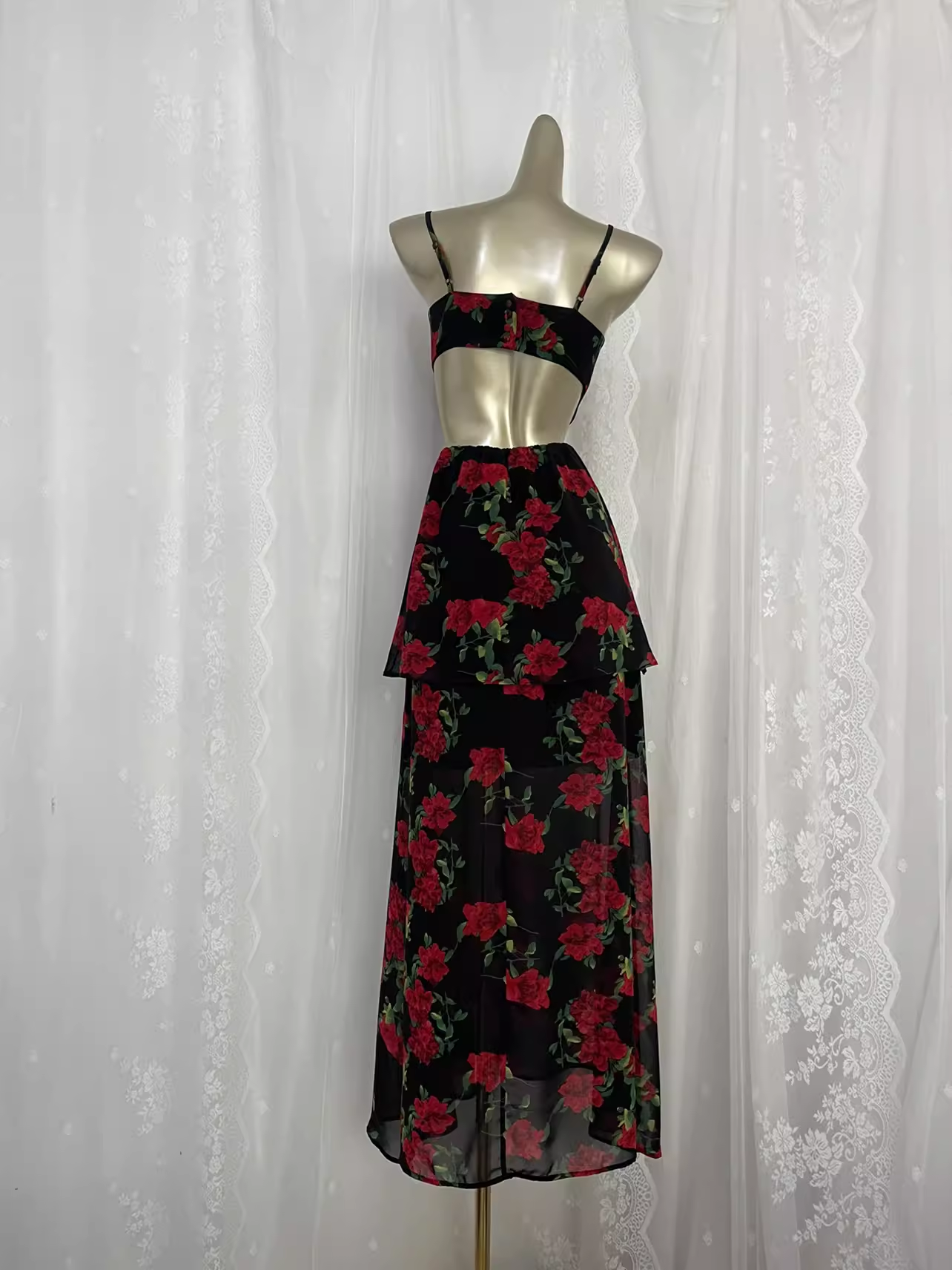 Vintage A line Spaghetti Straps Red Rose Travel Vacation Floral Beach Dress Long Dress SD005