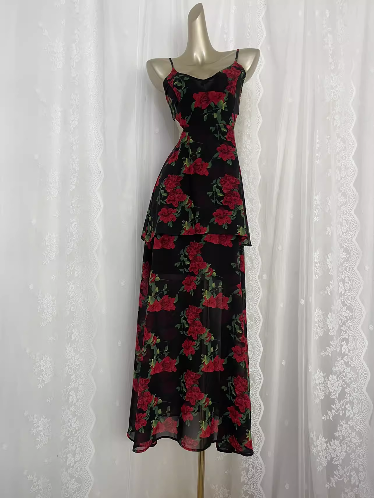 Vintage A line Spaghetti Straps Red Rose Travel Vacation Floral Beach Dress Long Dress SD005