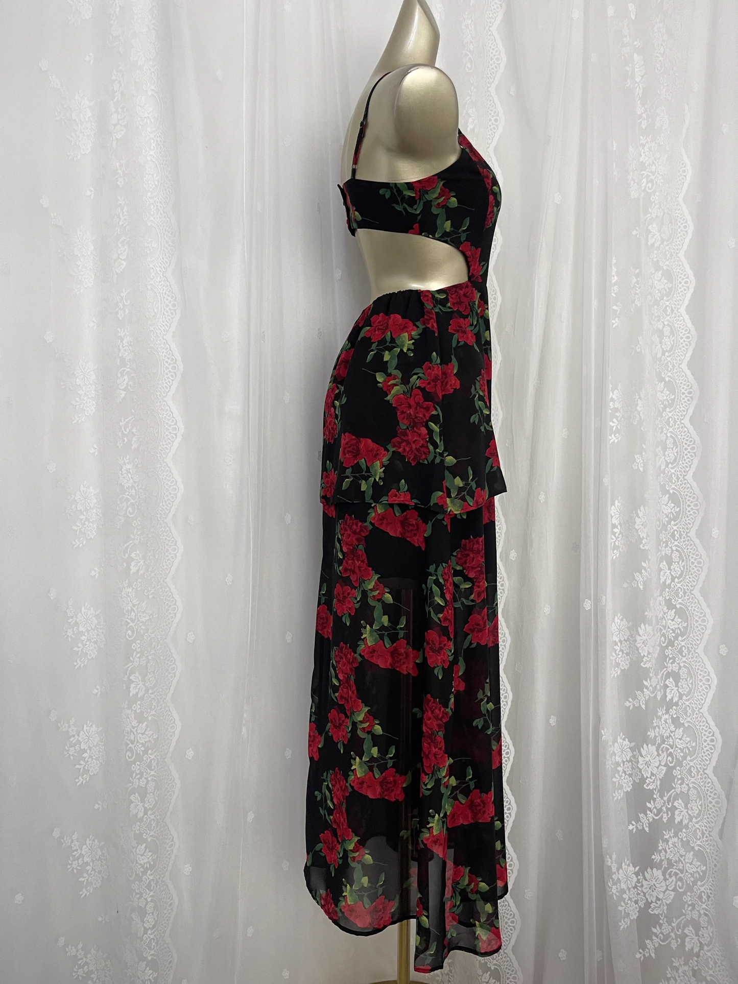 Vintage A line Spaghetti Straps Red Rose Travel Vacation Floral Beach Dress Long Dress SD005