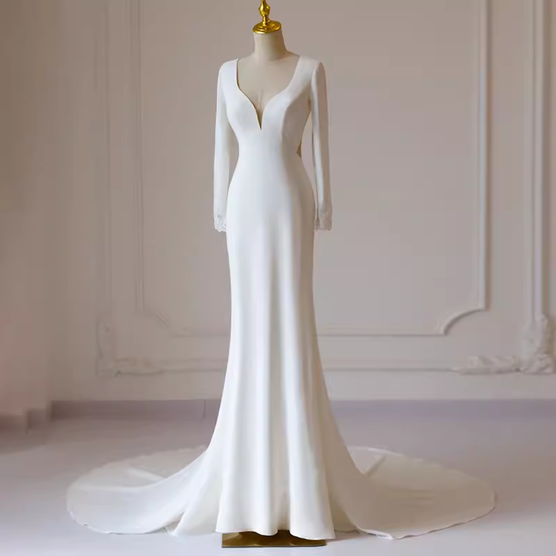 Simple Mermaid V Neckline Satin Ivory Long Sleeves Wedding Dresses SD0077