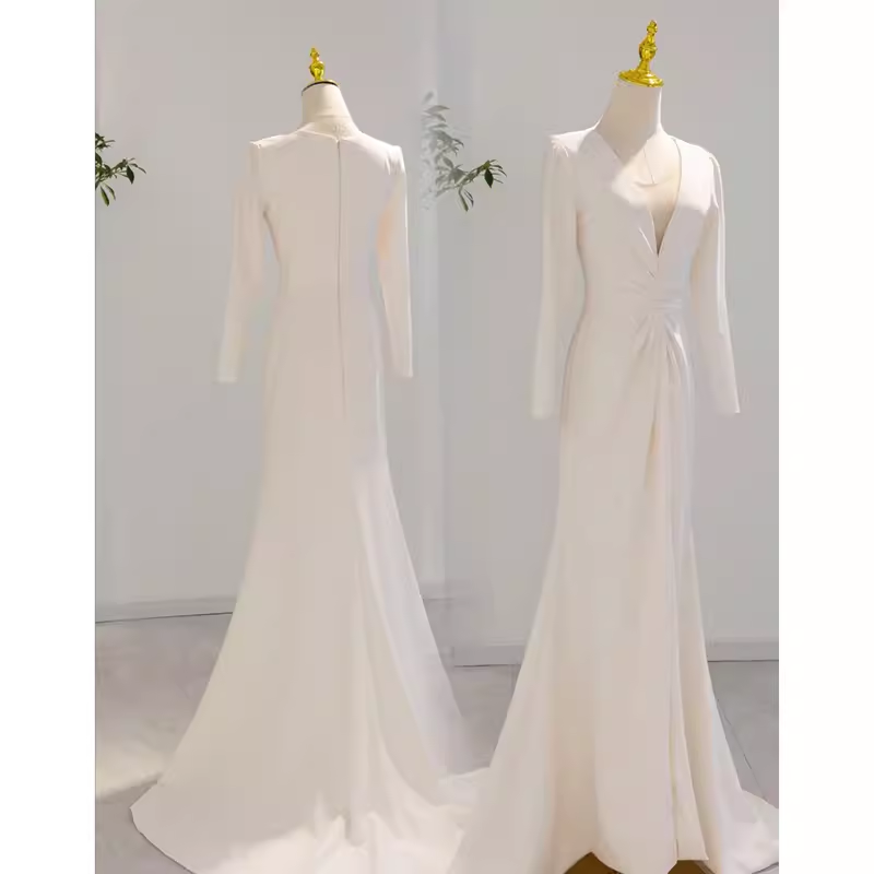 Sexy Mermaid Long Sleeves V Neckline Satin White Long Wedding Dresses Brides Dress SD0081