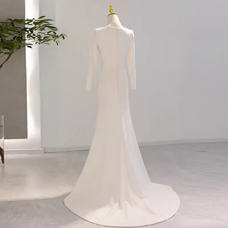 Sexy Mermaid Long Sleeves V Neckline Satin White Long Wedding Dresses Brides Dress SD0081