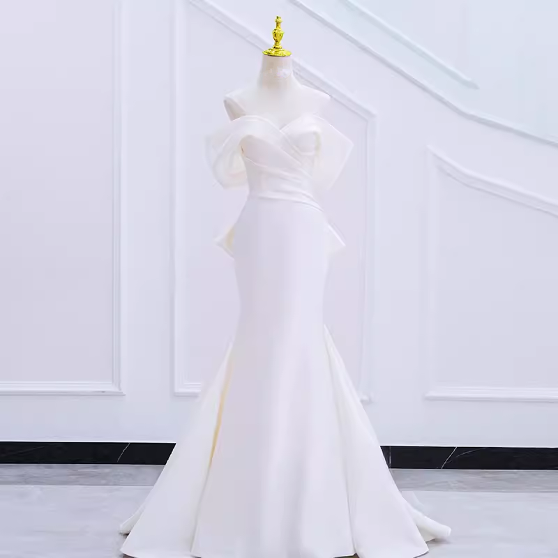 Sexy Mermaid Off The Shoulder Satin White Long Wedding Dresses Brides Dress SD0082