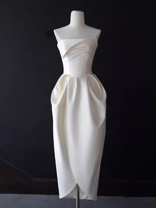 Sexy A line Strapless Satin White Tea Length Wedding Dresses Brides Dress SD0086