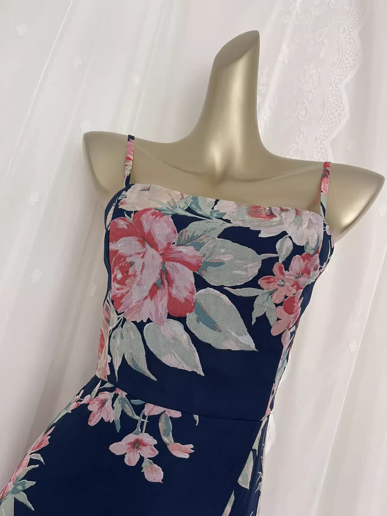 Vintage Sheath Spaghetti Straps Blue Rose Travel Vacation Floral Beach Dress Long Dress SD009