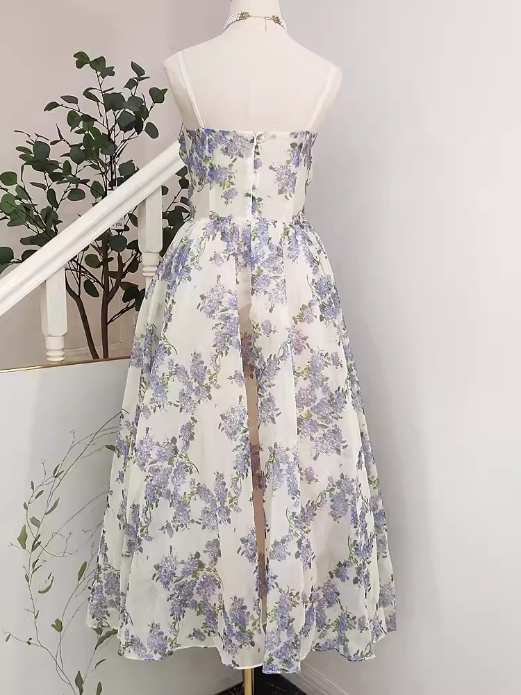 Cute A line Spaghetti Straps Lilac Floral Travel Vacation Women Dress Tea Length Birthday Outfits SD129