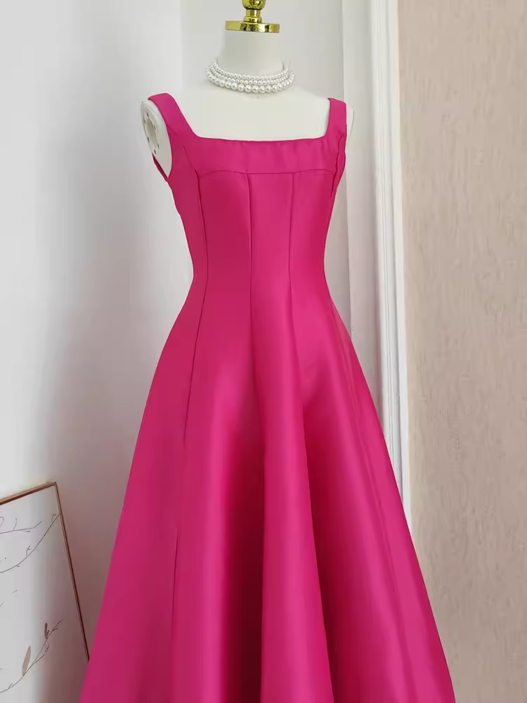 Cute A line Straps Hot Pink Vacation Dress Satin Women Summer Dresses SD130