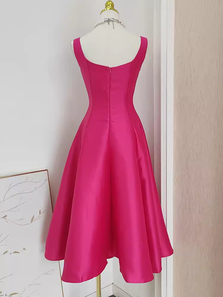 Cute A line Straps Hot Pink Vacation Dress Satin Women Summer Dresses SD130