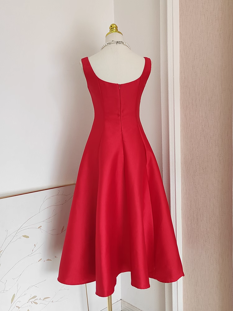 Cute A line Straps Red Vacation Dress Satin Women Summer Dresses SD131