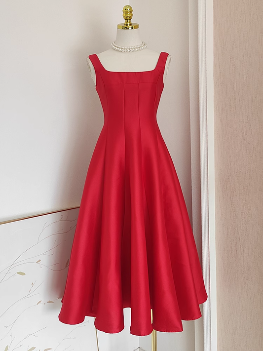 Cute A line Straps Red Vacation Dress Satin Women Summer Dresses SD131