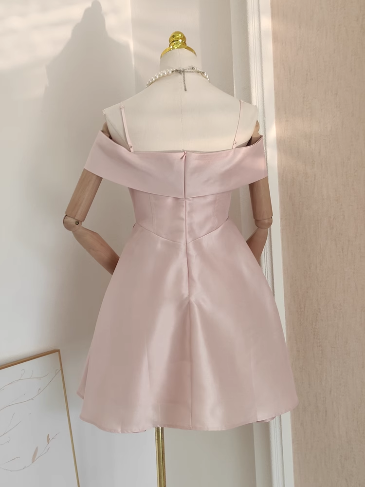 Cute A line Straps Pink Travel Vacation Dresses Short Satin Birthday Dress SD149