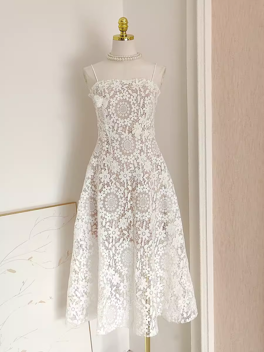 Cute A line Spaghetti Straps Lace Vacation Dress White Women Dresses SD152