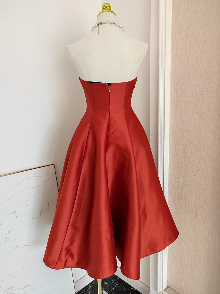 Cute A line Strapless Rust Red Vacation Dress Satin Women Dresses SD156