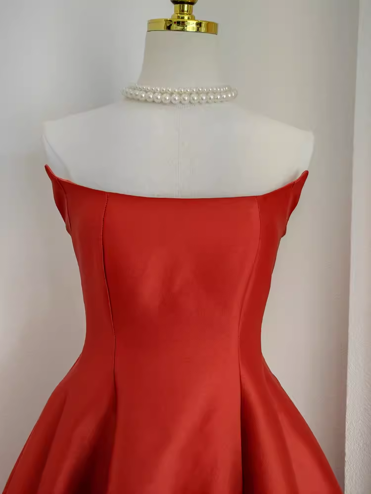 Cute A line Strapless Rust Red Vacation Dress Satin Women Dresses SD156