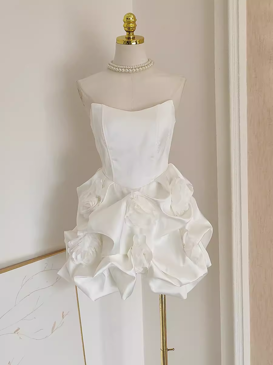 Cute A line Sweetheart White Satin Holiday Dresses Short Birthday Dress Pleated Three-dimensional Flowers SD166