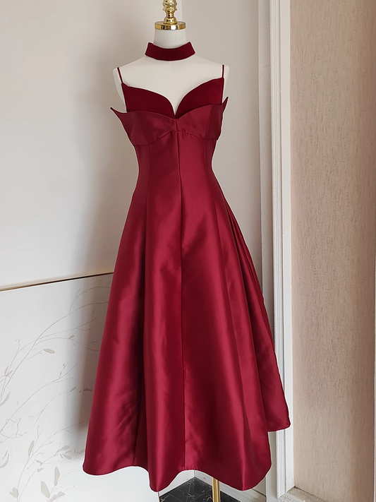 Sexy A line Spaghetti Straps Burgundy Vacation Dress Satin Women Dresses SD170