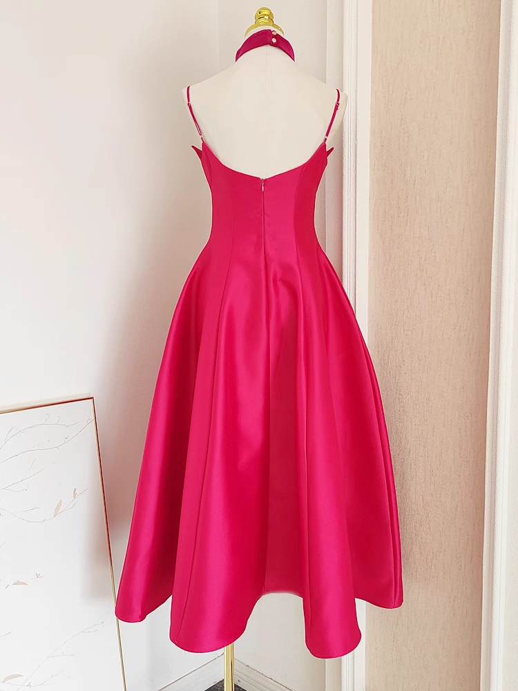 Sexy A line Spaghetti Straps Hot Pink Vacation Dress Satin Women Dresses SD171