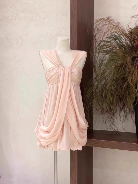 Sexy A Line Ruffled Chiffon Pink Short Women's Holiday Dresses SD209