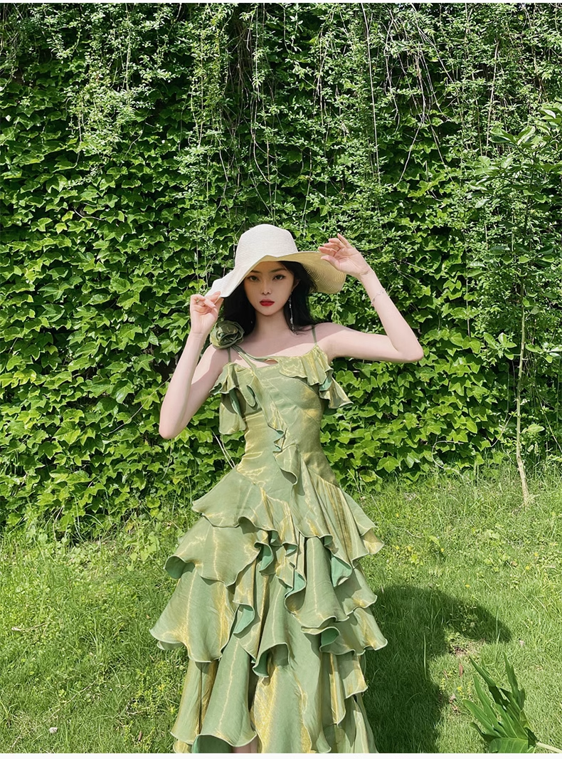 Pretty Irregular Ruffled Spaghetti Straps Green Prom Dresses With Detachable Rose Long Birthday Dress For Women SD236