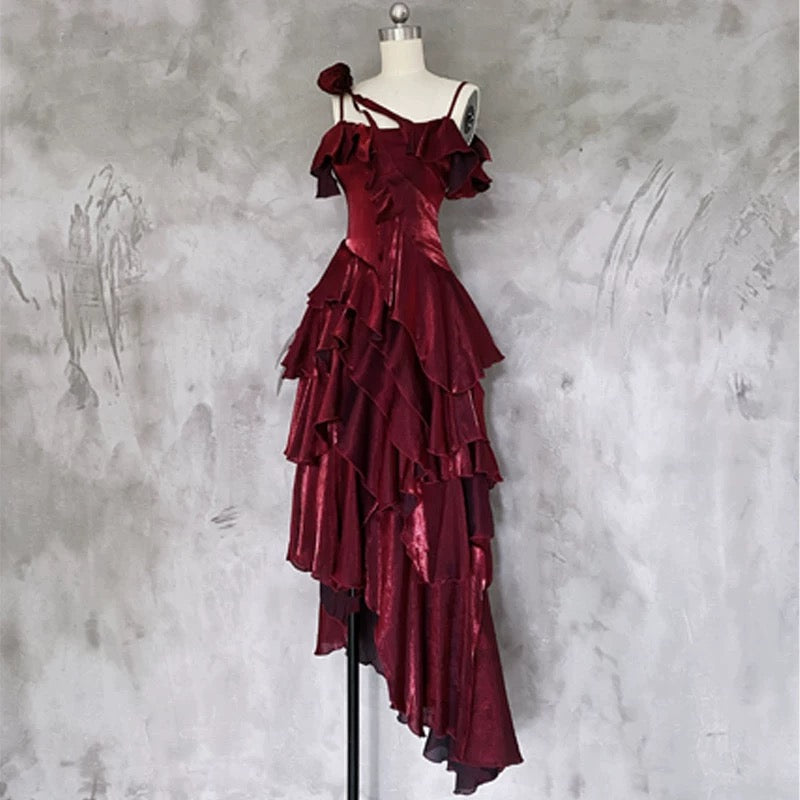 Pretty Irregular Ruffled Spaghetti Straps Burgundy Prom Dresses With Detachable Rose Long Birthday Dress For Women SD237