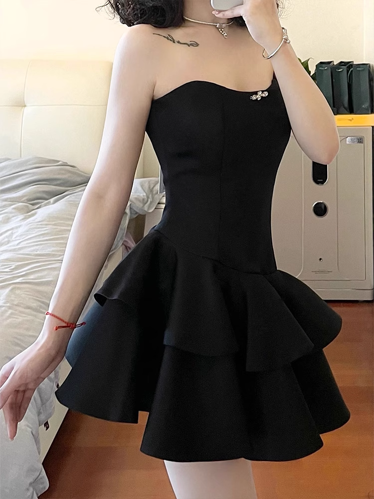 Cute A line Strapless Little Black Dress Hoco Dresses Short Satin Birthday Outfits SD263