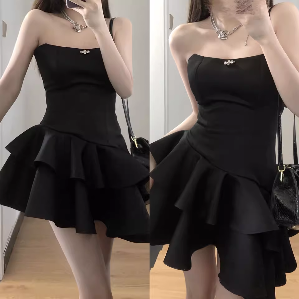 Cute A line Strapless Little Black Dress Hoco Dresses Short Satin Birthday Outfits SD263