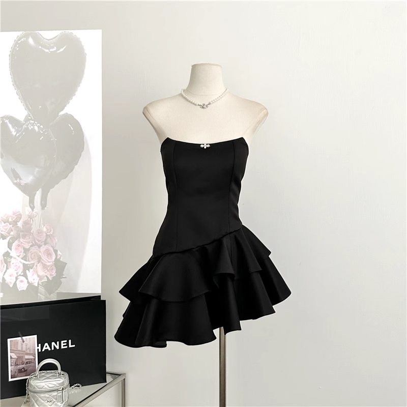 Cute A line Strapless Black Homecoming Dresses Short Satin Birthday Outfits SD264