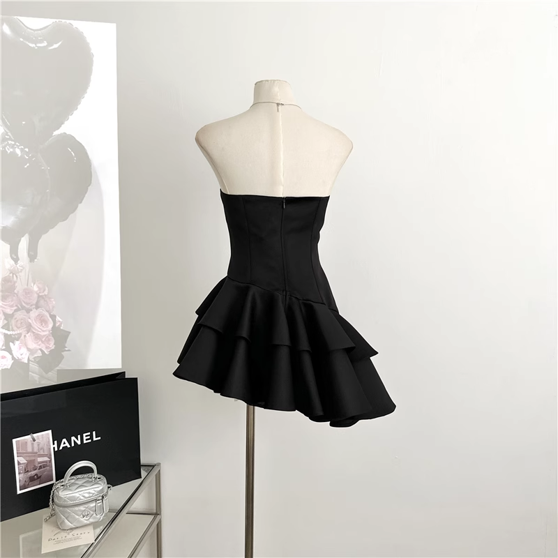 Cute A line Strapless Black Homecoming Dresses Short Satin Birthday Outfits SD264