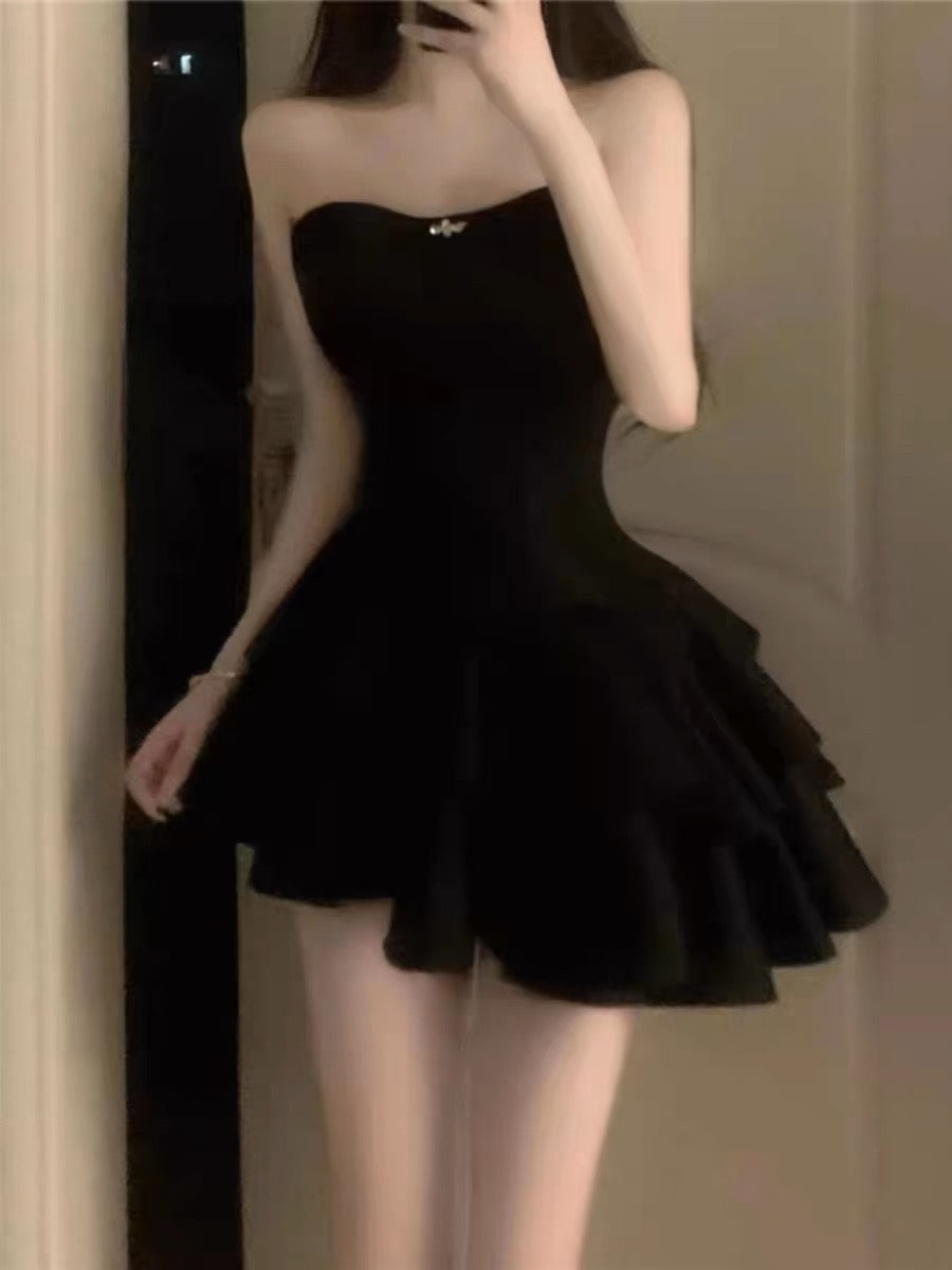 Simple A line Strapless Black Homecoming Dresses Short Satin Birthday Outfit SD265