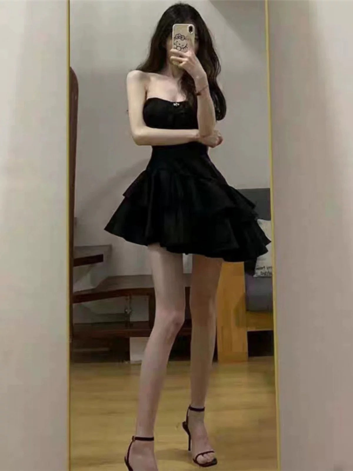 Simple A line Strapless Black Homecoming Dresses Short Satin Birthday Outfit SD265