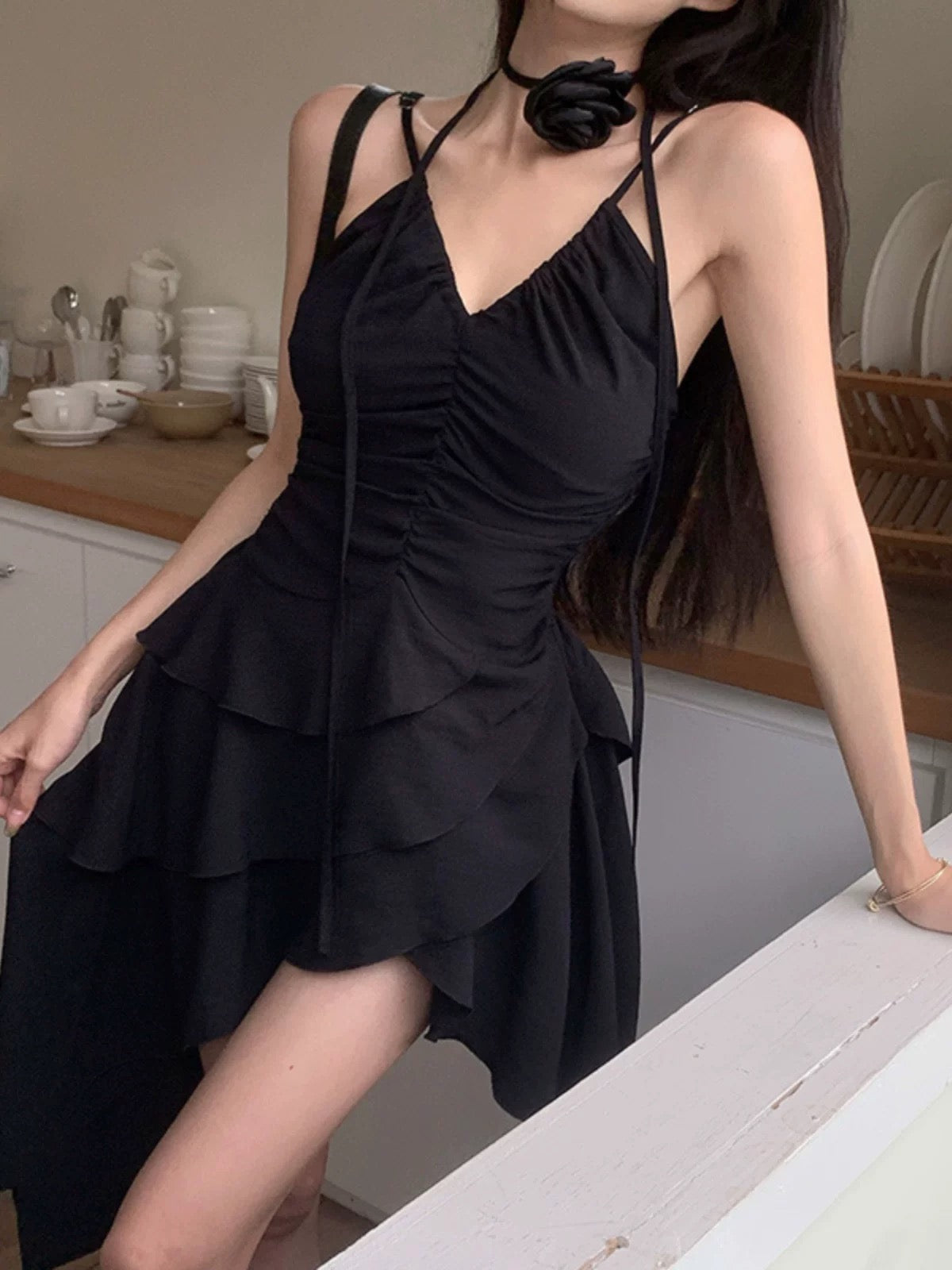 Simple A line Irregular Hem Spaghetti Straps Little Black Dresses Short Satin Birthday Outfit SD269