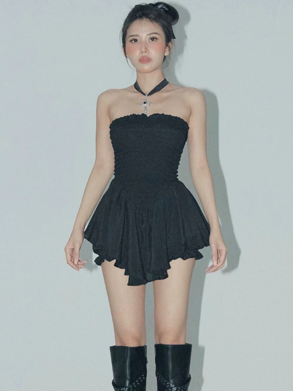 Simple A line Irregular Hem Strapless Little Black Dresses Short Chiffon Birthday Outfit SD270