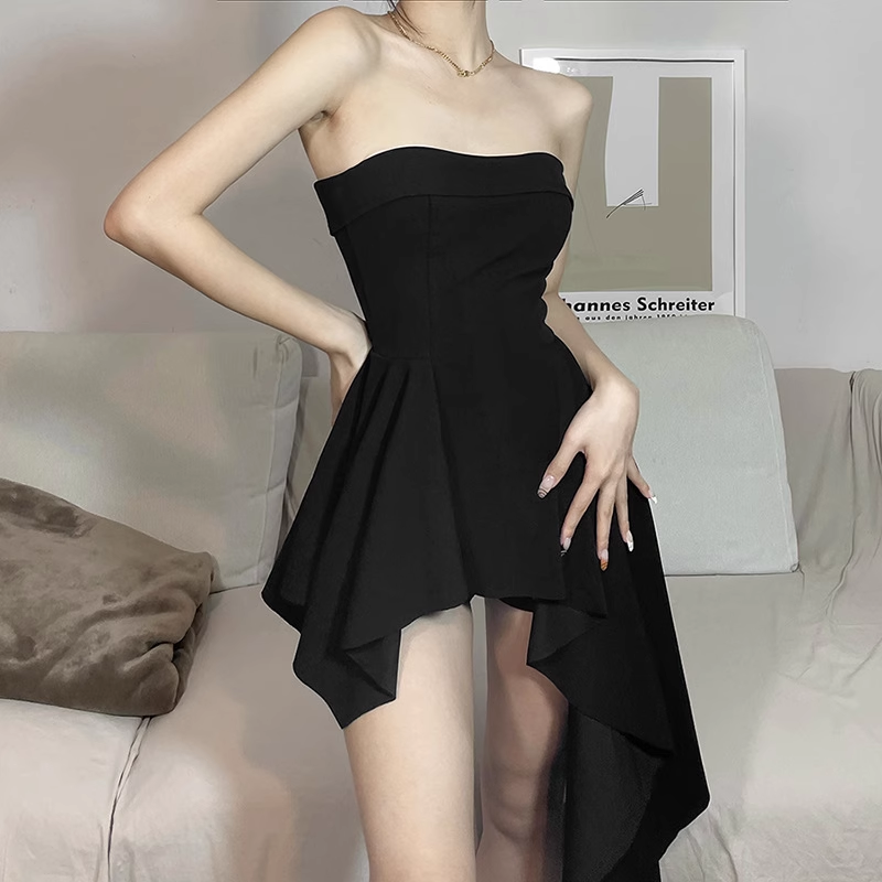 Simple A line Irregular Strapless Little Black Dresses Short Birthday Outfit SD271