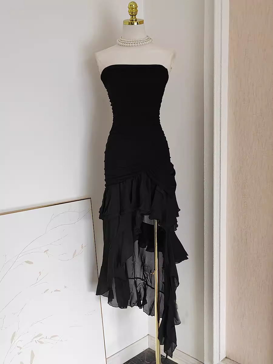 Sexy High Low Strapless Black Chiffon Ruffles Vacation Dress Women Dresses SD140